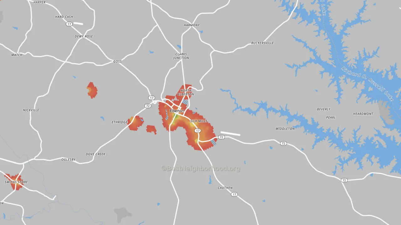 Walk Grade map of 30635, GA, walkable areas in green and car-dependent areas in red