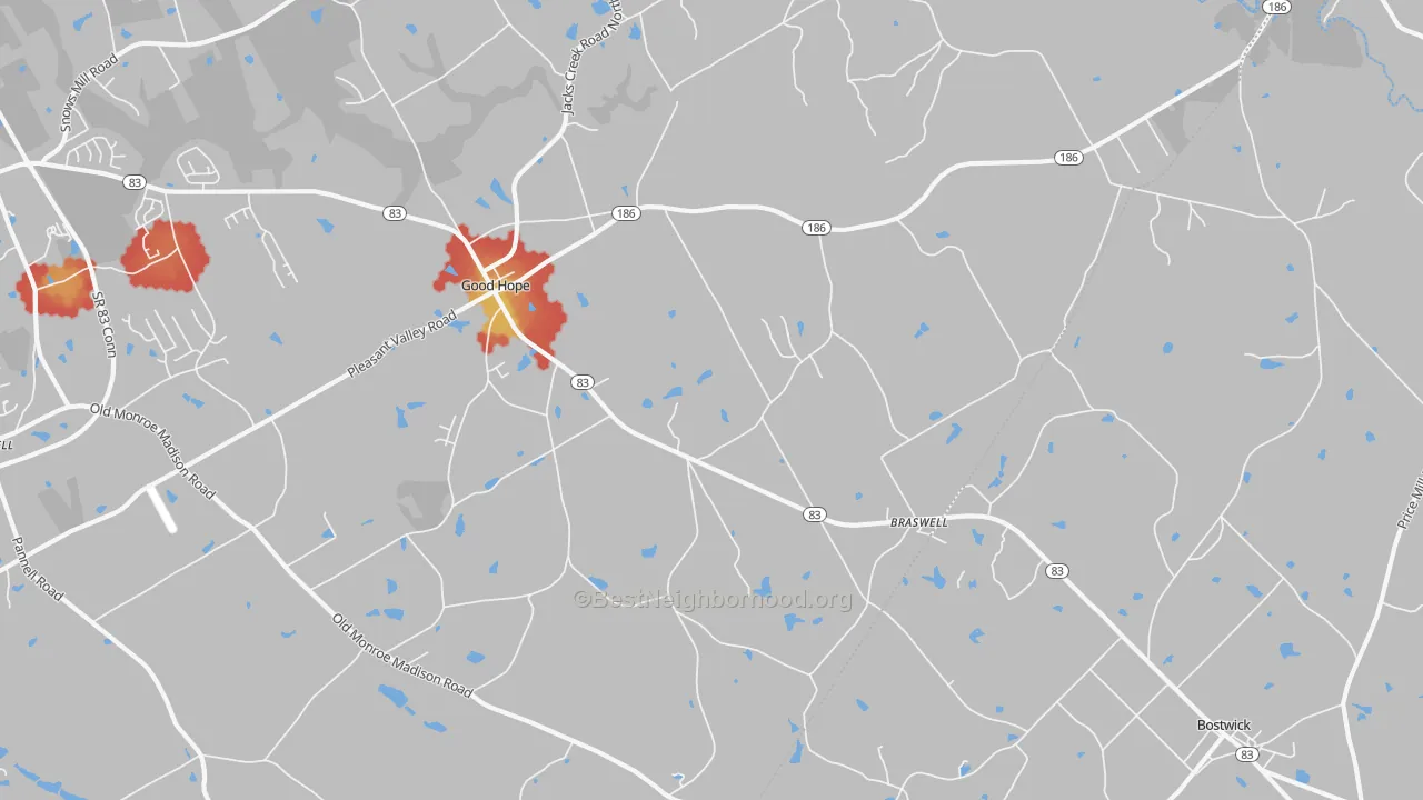 Walk Grade map of 30641, GA, walkable areas in green and car-dependent areas in red