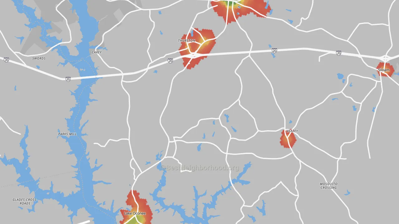 Walk Grade map of 30642, GA, walkable areas in green and car-dependent areas in red