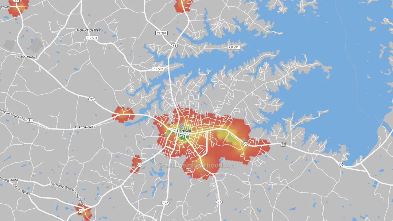 Walk Grade map of 30643, GA, walkable areas in green and car-dependent areas in red
