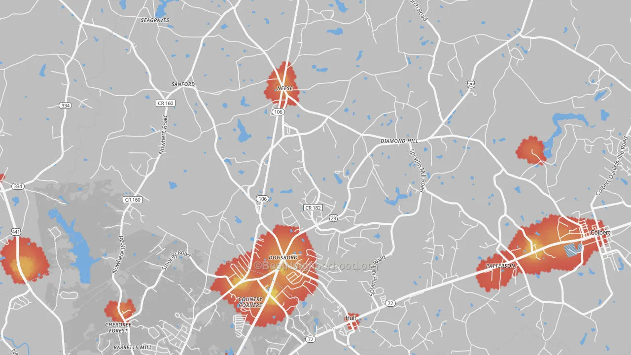 Walk Grade map of 30646, GA, walkable areas in green and car-dependent areas in red
