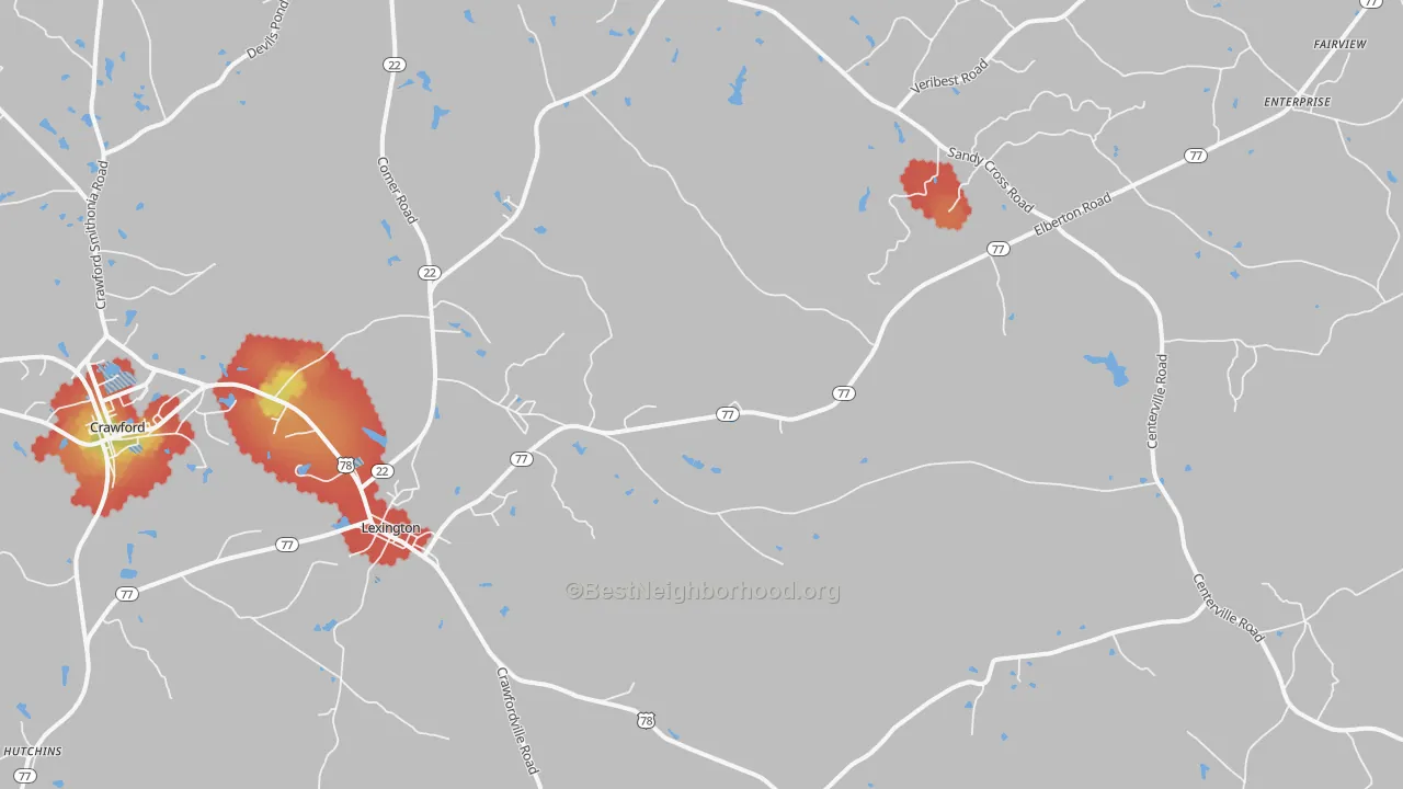 Walk Grade map of 30648, GA, walkable areas in green and car-dependent areas in red