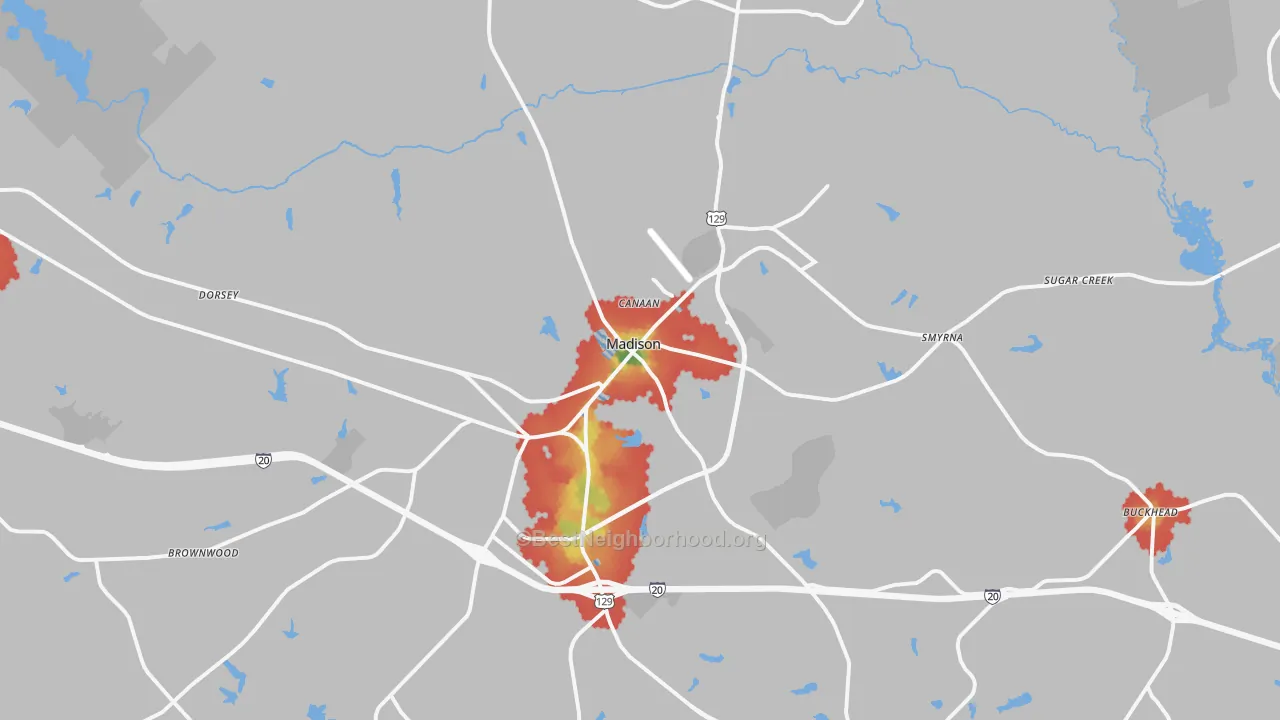 Walk Grade map of 30650, GA, walkable areas in green and car-dependent areas in red