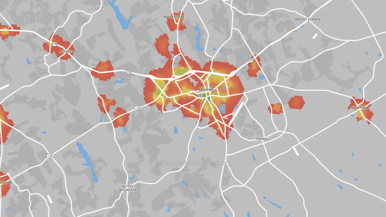 Walk Grade map of 30655, GA, walkable areas in green and car-dependent areas in red