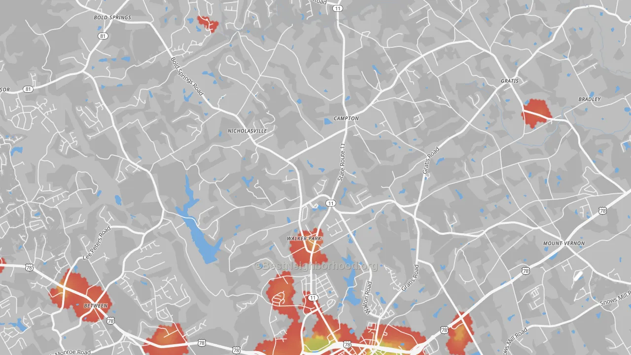 Walk Grade map of 30656, GA, walkable areas in green and car-dependent areas in red