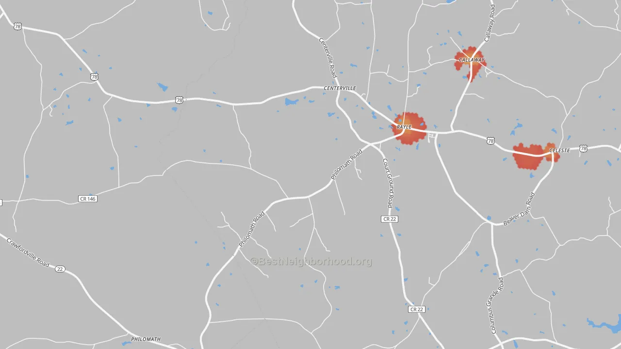 Walk Grade map of 30660, GA, walkable areas in green and car-dependent areas in red
