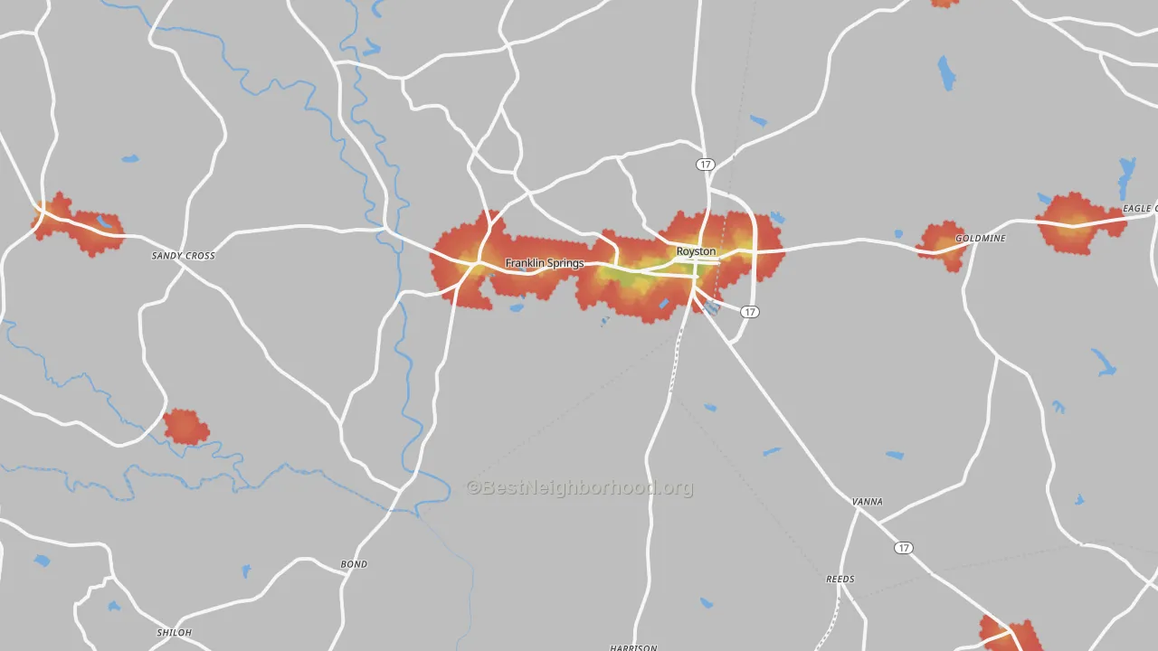 Walk Grade map of 30662, GA, walkable areas in green and car-dependent areas in red