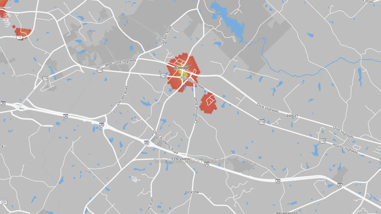 Walk Grade map of 30663, GA, walkable areas in green and car-dependent areas in red