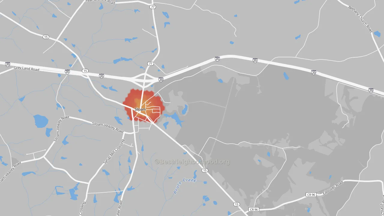 Walk Grade map of 30665, GA, walkable areas in green and car-dependent areas in red