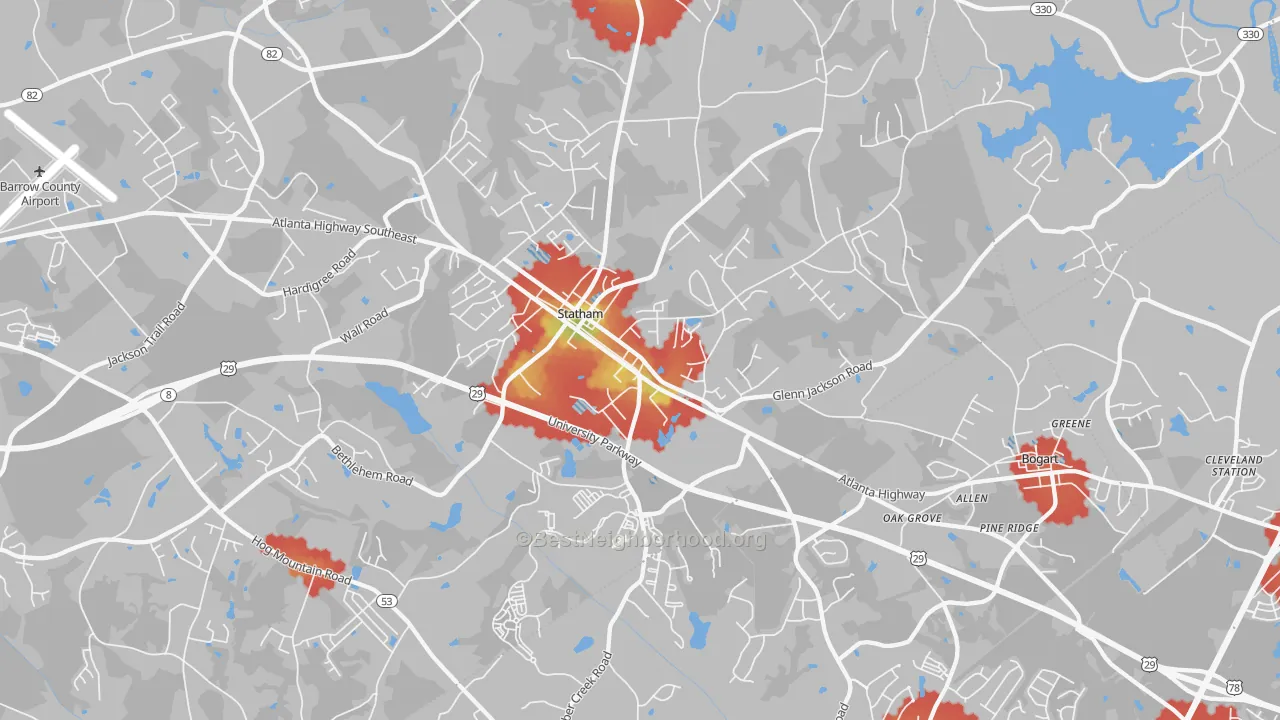 Walk Grade map of 30666, GA, walkable areas in green and car-dependent areas in red
