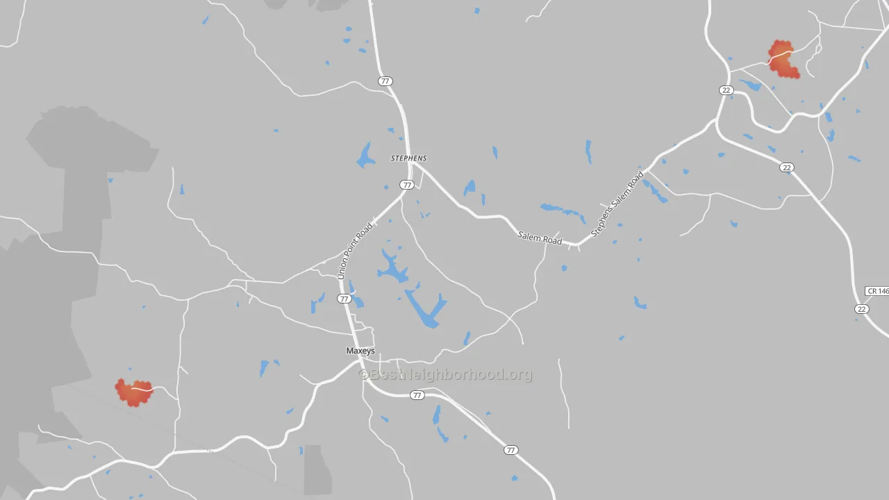 Walk Grade map of 30667, GA, walkable areas in green and car-dependent areas in red
