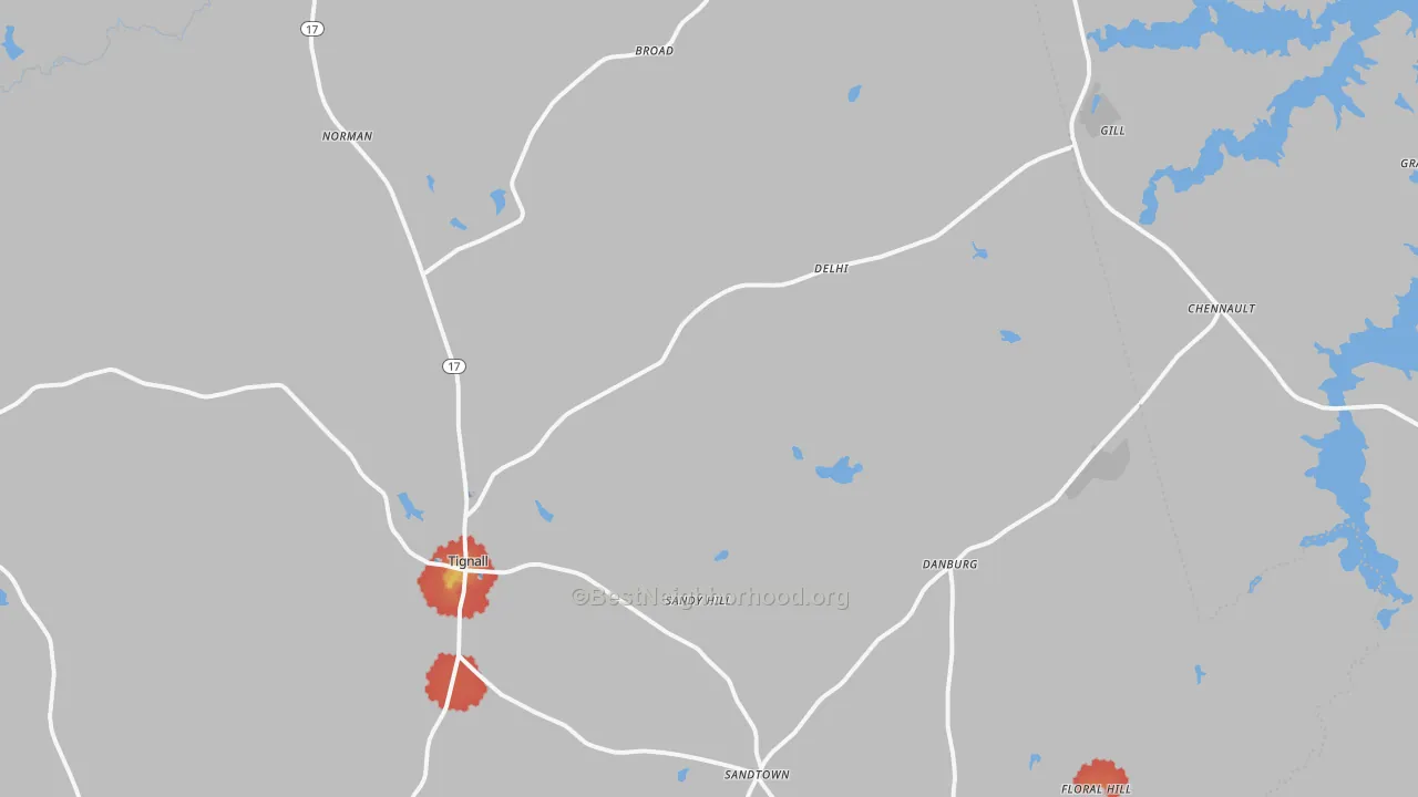 Walk Grade map of 30668, GA, walkable areas in green and car-dependent areas in red