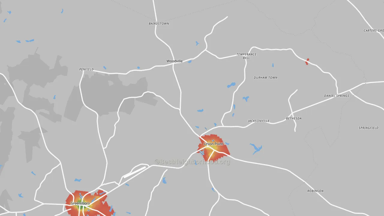 Walk Grade map of 30669, GA, walkable areas in green and car-dependent areas in red