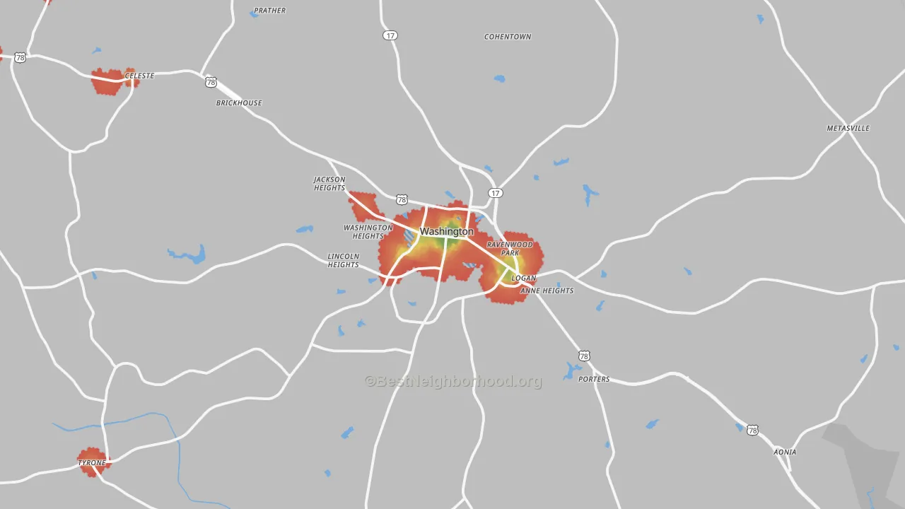 Walk Grade map of 30673, GA, walkable areas in green and car-dependent areas in red