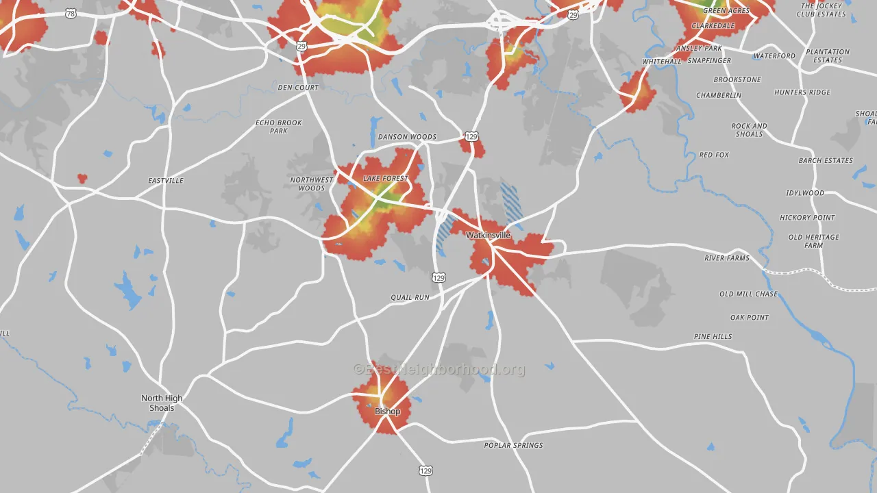 Walk Grade map of 30677, GA, walkable areas in green and car-dependent areas in red