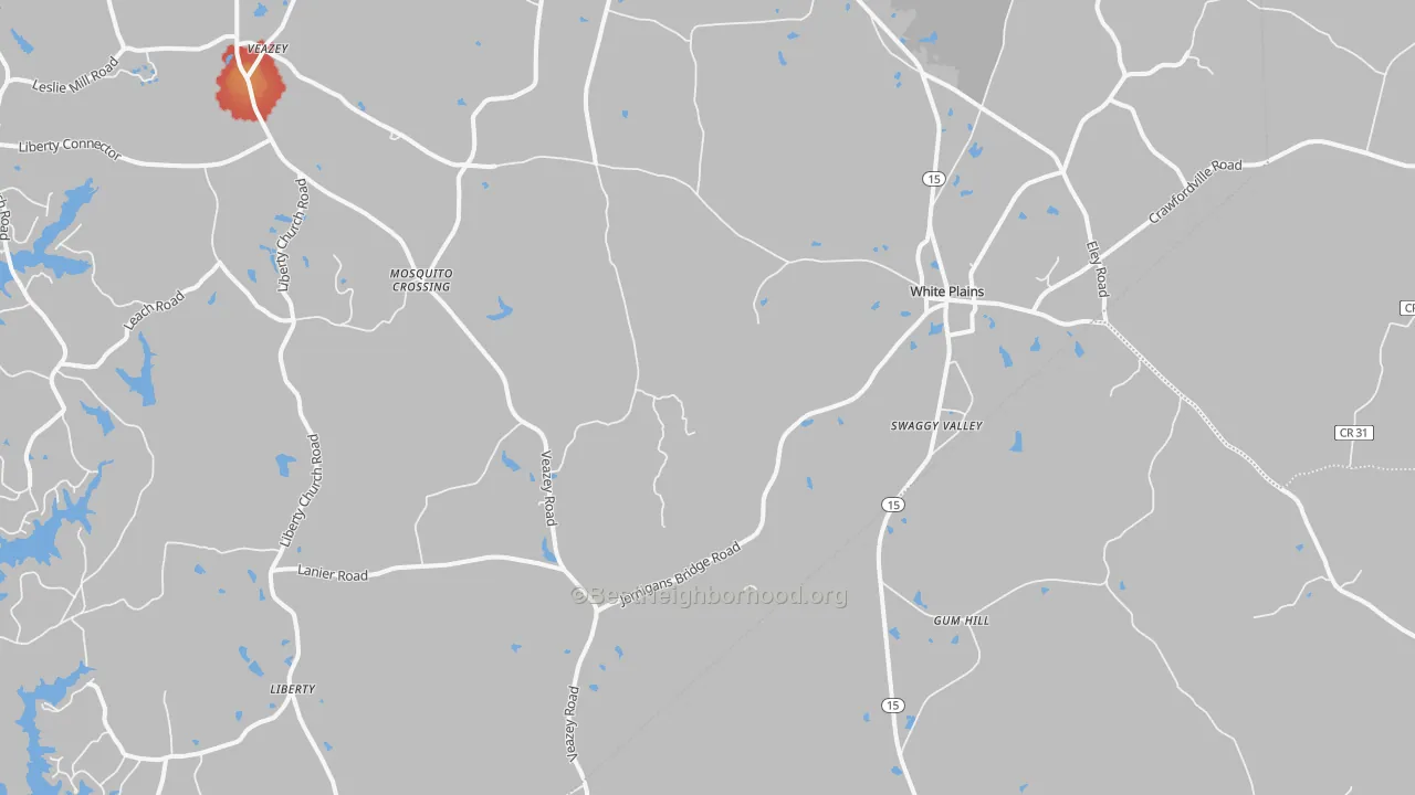 Walk Grade map of 30678, GA, walkable areas in green and car-dependent areas in red