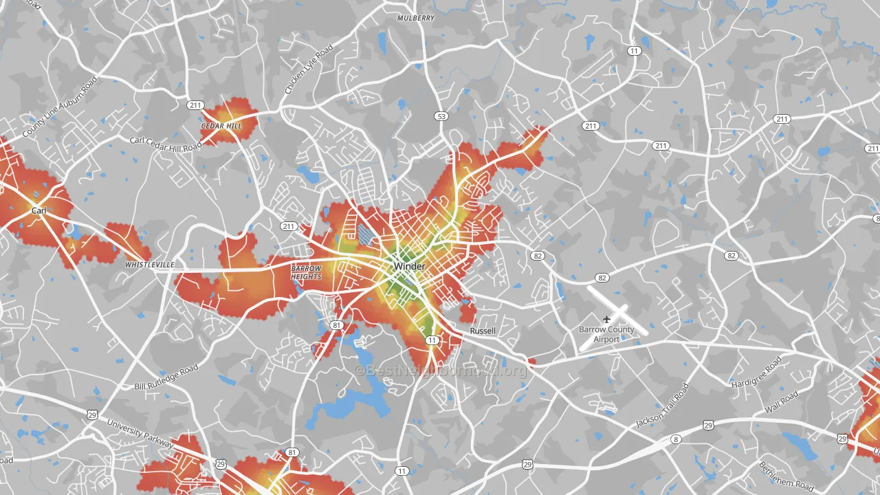 Walk Grade map of 30680, GA, walkable areas in green and car-dependent areas in red