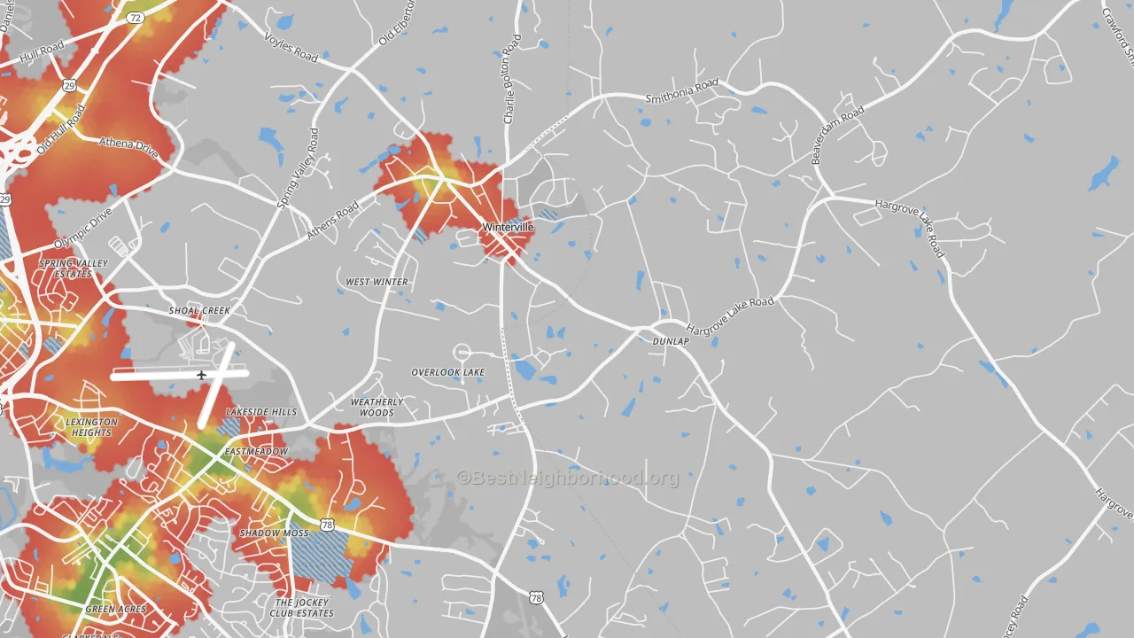 Walk Grade map of 30683, GA, walkable areas in green and car-dependent areas in red