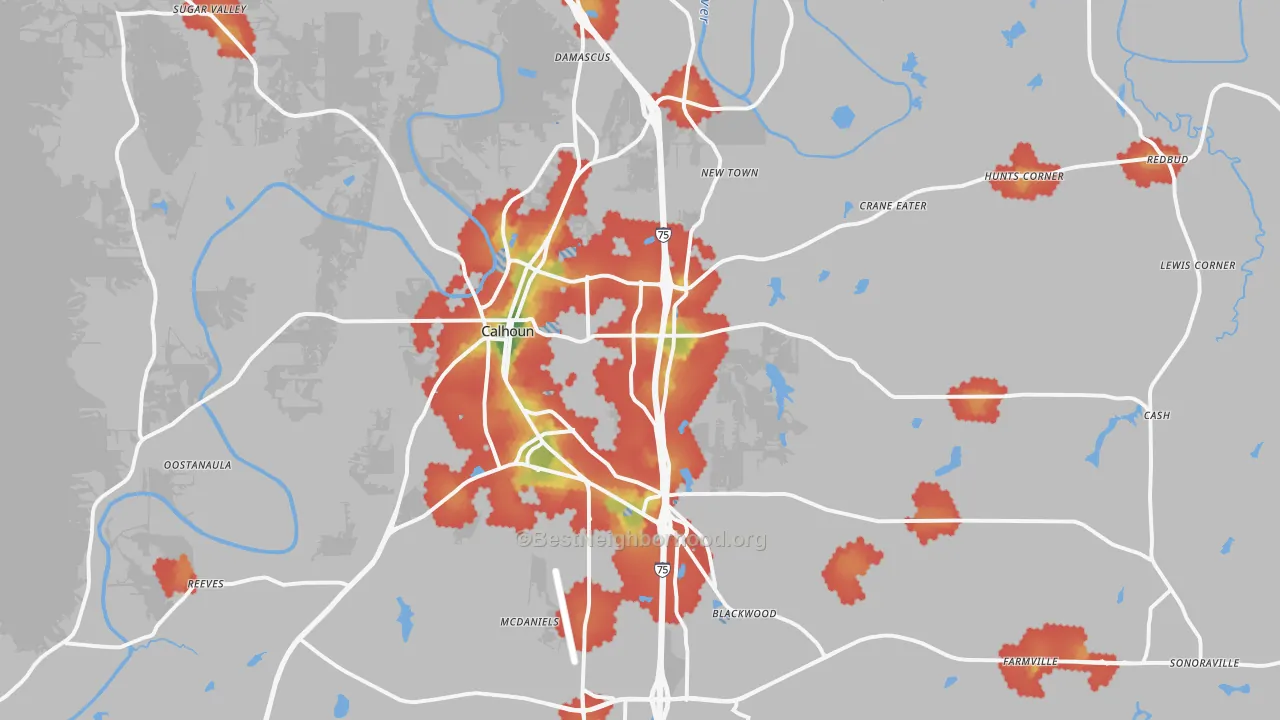 Walk Grade map of 30701, GA, walkable areas in green and car-dependent areas in red