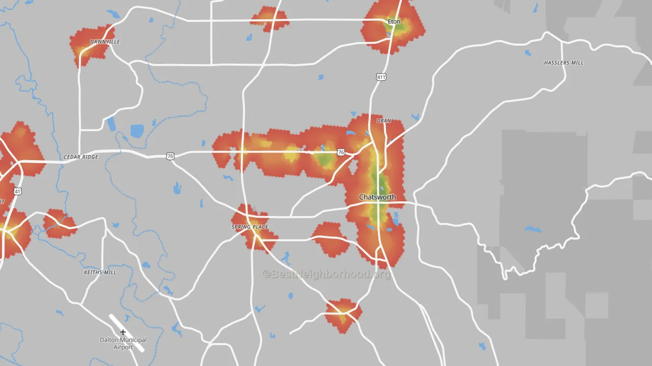 Walk Grade map of 30705, GA, walkable areas in green and car-dependent areas in red