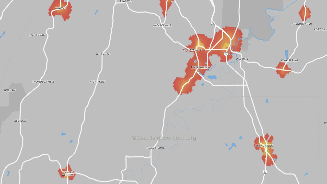 Walk Grade map of 30707, GA, walkable areas in green and car-dependent areas in red