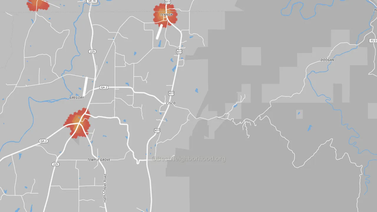 Walk Grade map of 30708, GA, walkable areas in green and car-dependent areas in red
