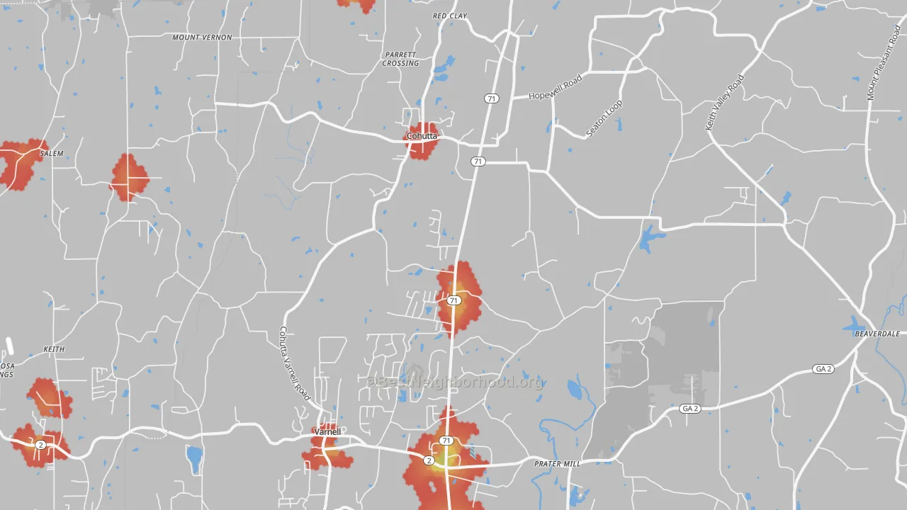 Walk Grade map of 30710, GA, walkable areas in green and car-dependent areas in red