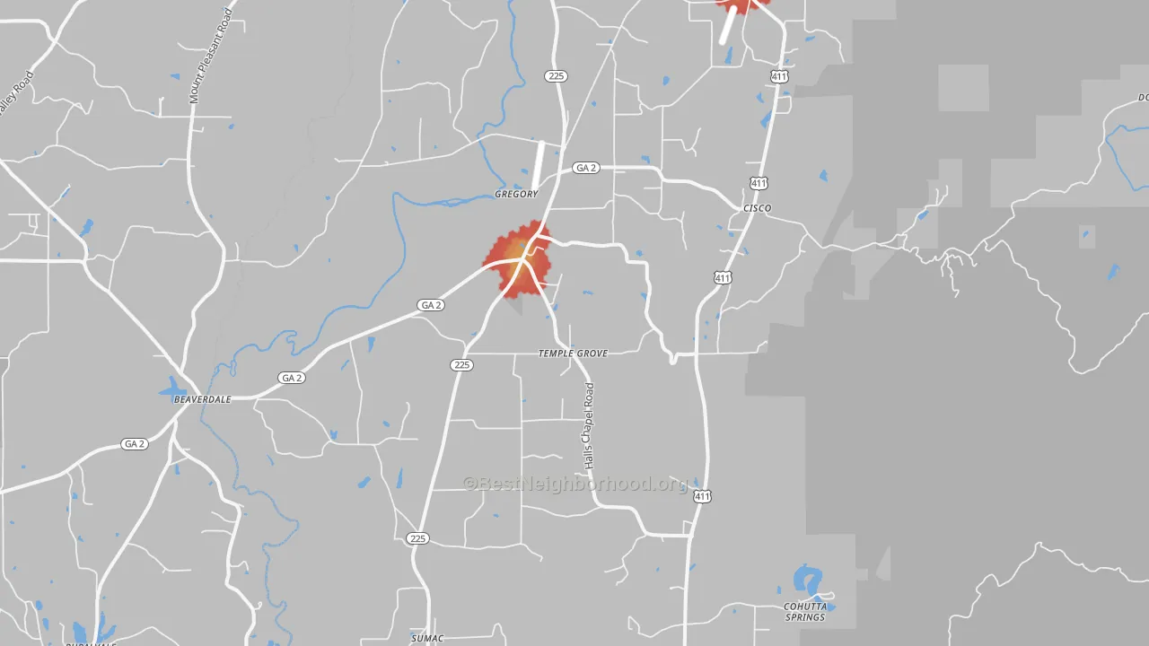 Walk Grade map of 30711, GA, walkable areas in green and car-dependent areas in red