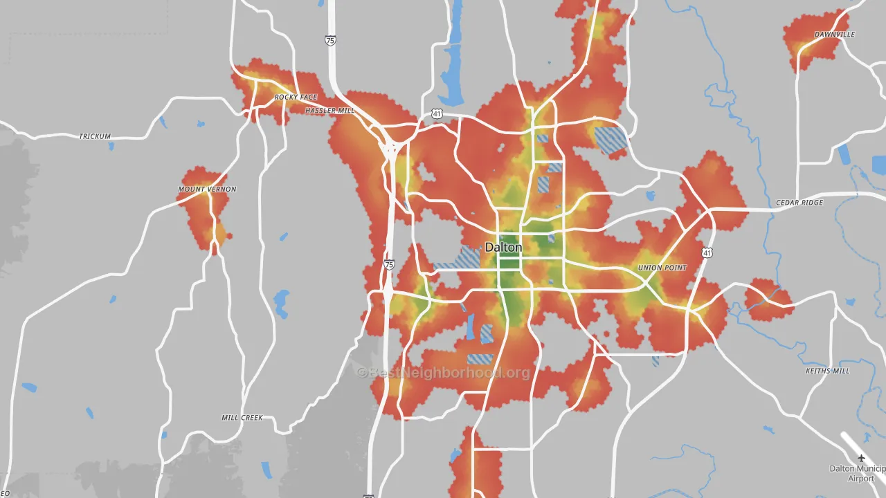 Walk Grade map of 30720, GA, walkable areas in green and car-dependent areas in red