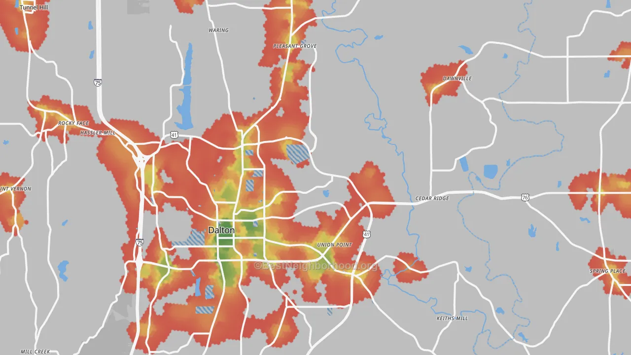 Walk Grade map of 30721, GA, walkable areas in green and car-dependent areas in red