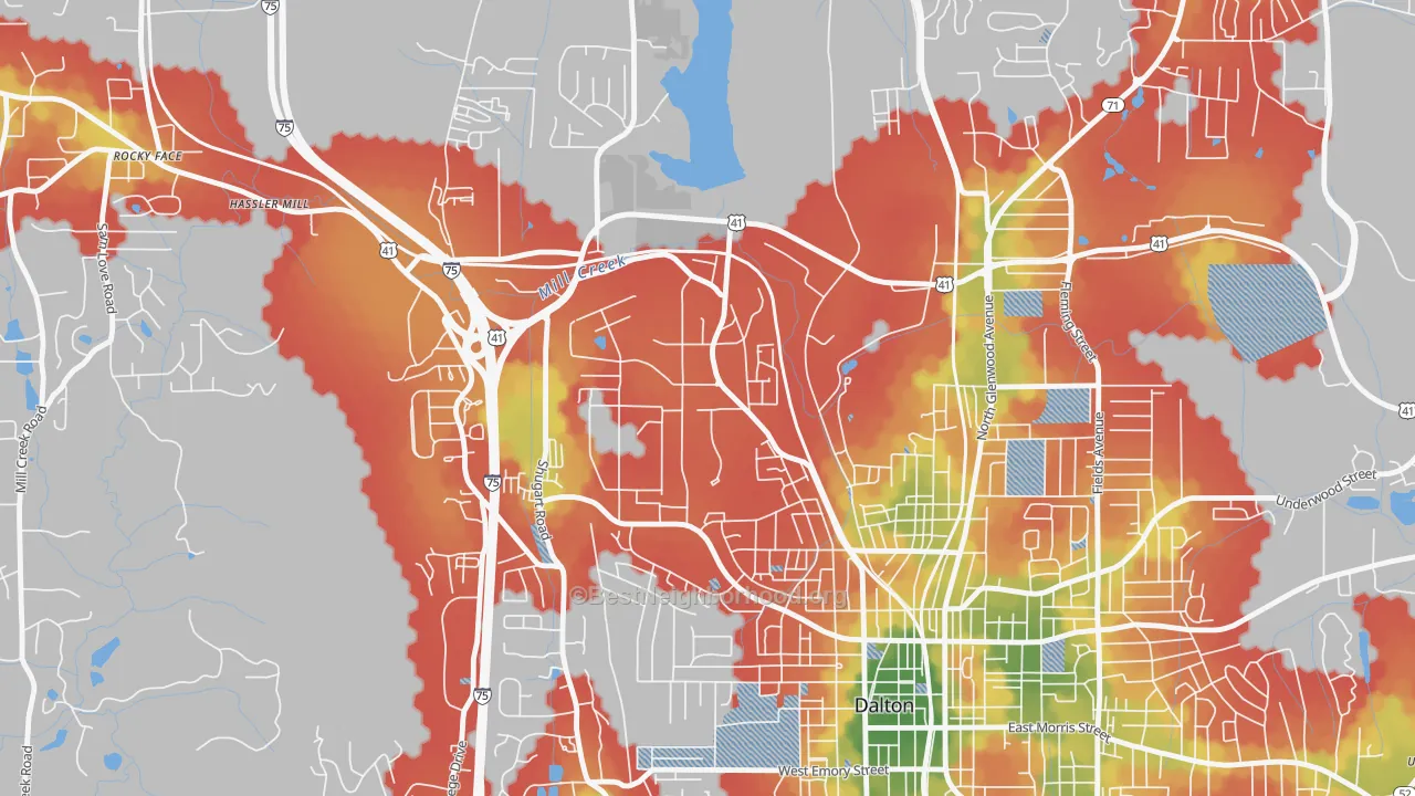 Walk Grade map of 30722, GA, walkable areas in green and car-dependent areas in red