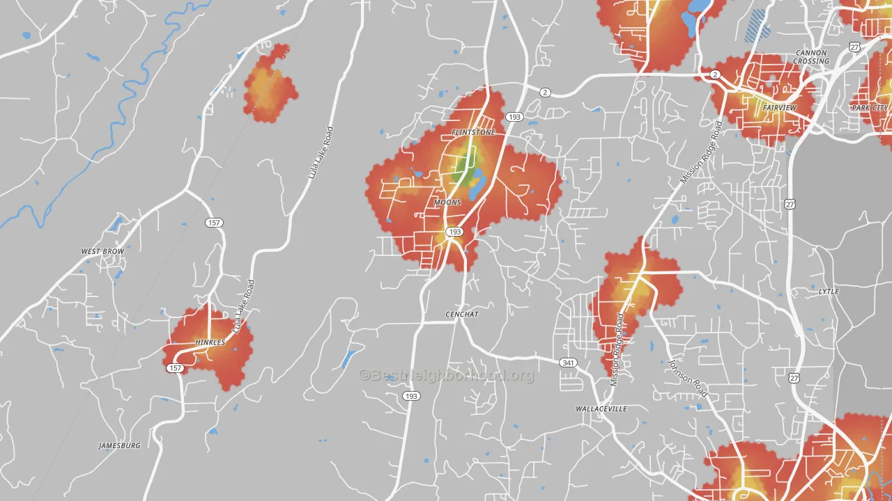 Walk Grade map of 30725, GA, walkable areas in green and car-dependent areas in red