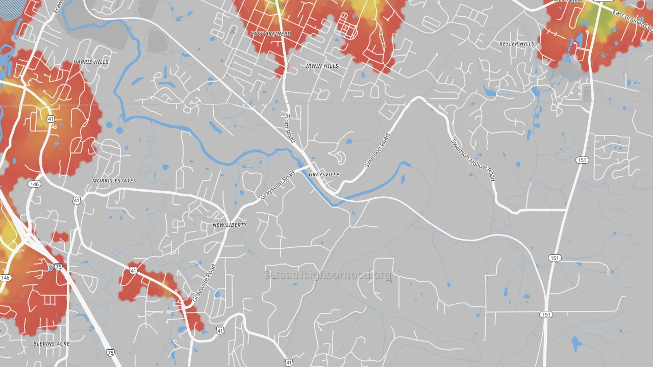 Walk Grade map of 30726, GA, walkable areas in green and car-dependent areas in red