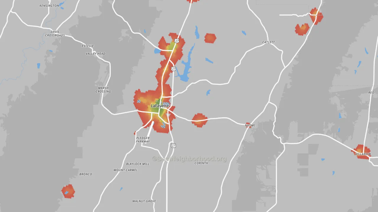 Walk Grade map of 30728, GA, walkable areas in green and car-dependent areas in red