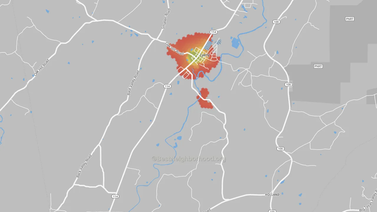 Walk Grade map of 30730, GA, walkable areas in green and car-dependent areas in red