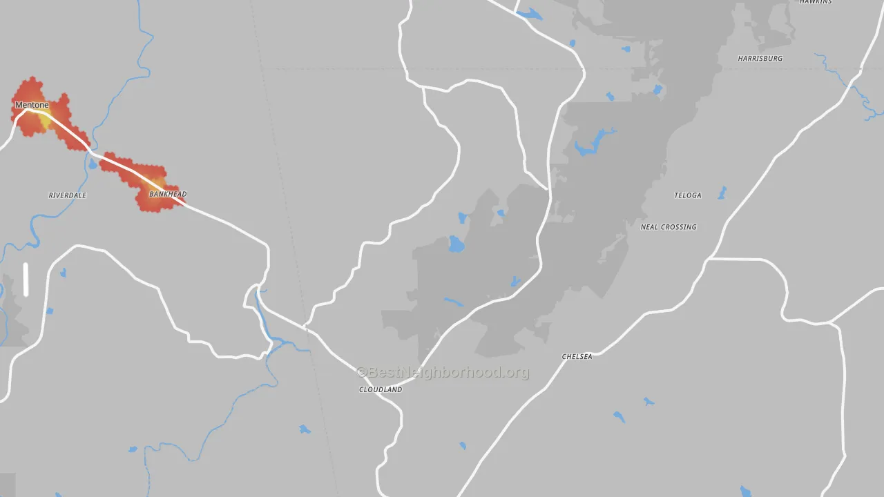 Walk Grade map of 30731, GA, walkable areas in green and car-dependent areas in red