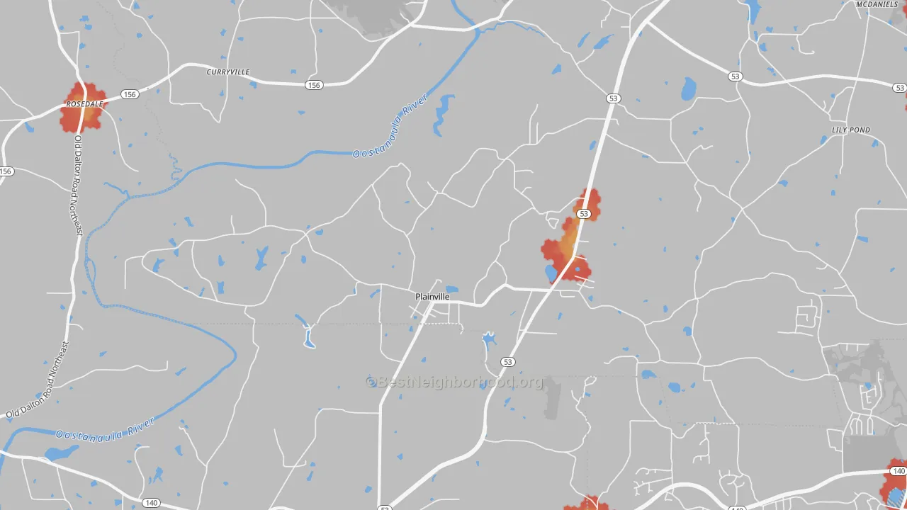 Walk Grade map of 30733, GA, walkable areas in green and car-dependent areas in red