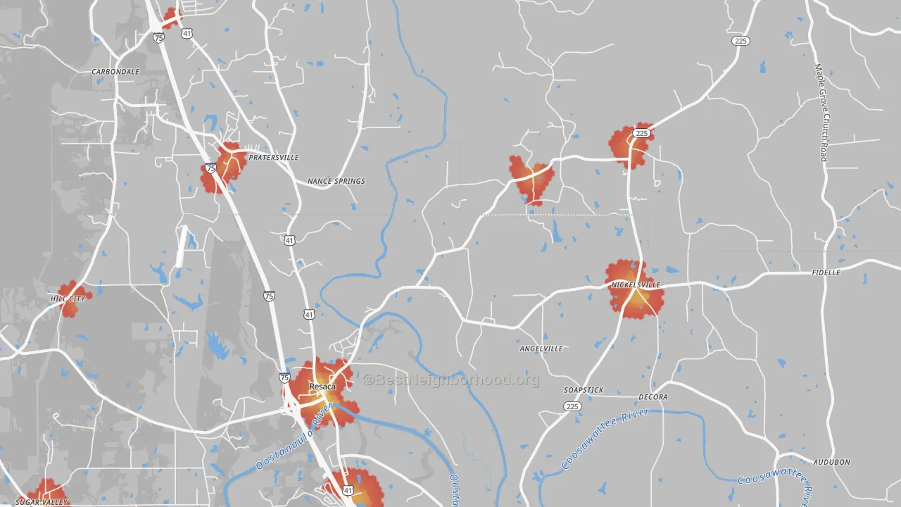 Walk Grade map of 30735, GA, walkable areas in green and car-dependent areas in red