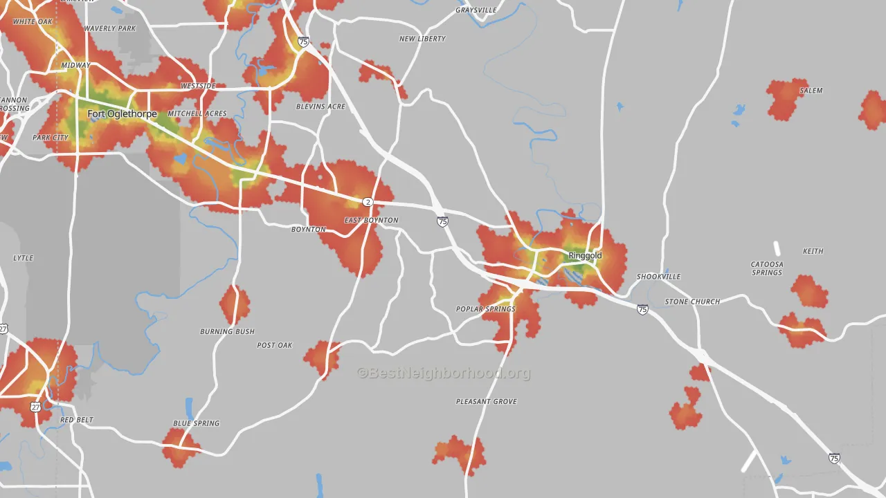 Walk Grade map of 30736, GA, walkable areas in green and car-dependent areas in red