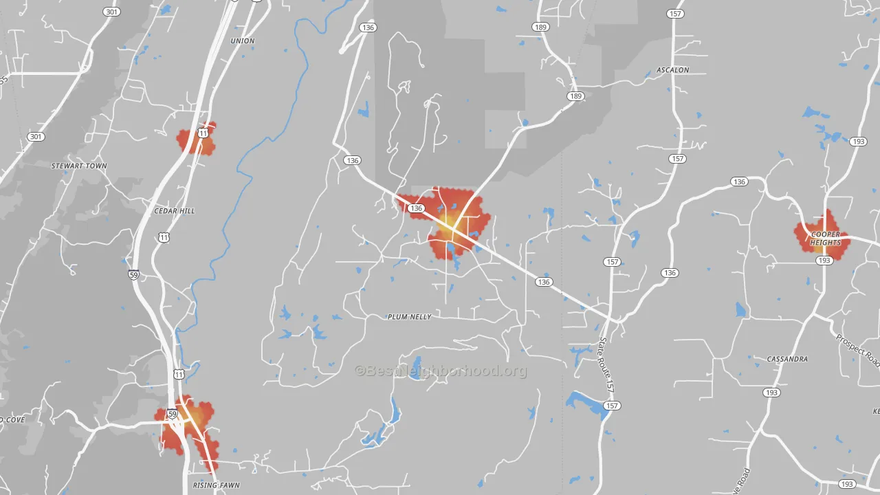 Walk Grade map of 30738, GA, walkable areas in green and car-dependent areas in red