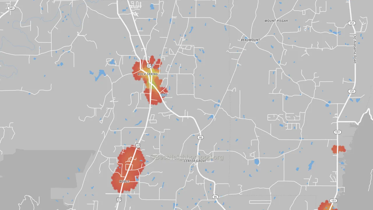 Walk Grade map of 30739, GA, walkable areas in green and car-dependent areas in red