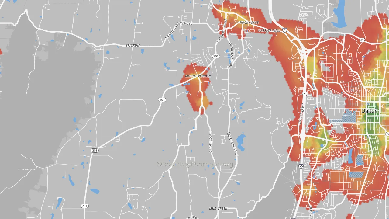 Walk Grade map of 30740, GA, walkable areas in green and car-dependent areas in red
