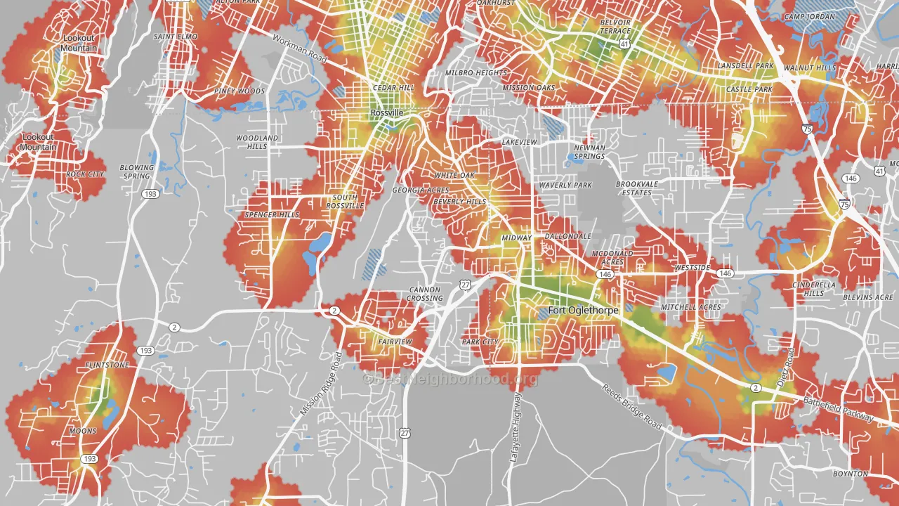 Walk Grade map of 30741, GA, walkable areas in green and car-dependent areas in red