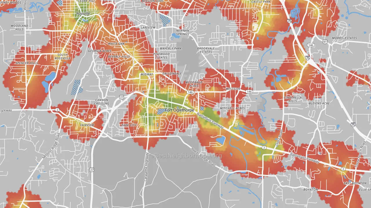 Walk Grade map of 30742, GA, walkable areas in green and car-dependent areas in red