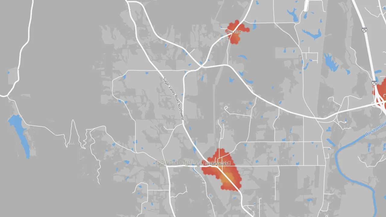 Walk Grade map of 30746, GA, walkable areas in green and car-dependent areas in red