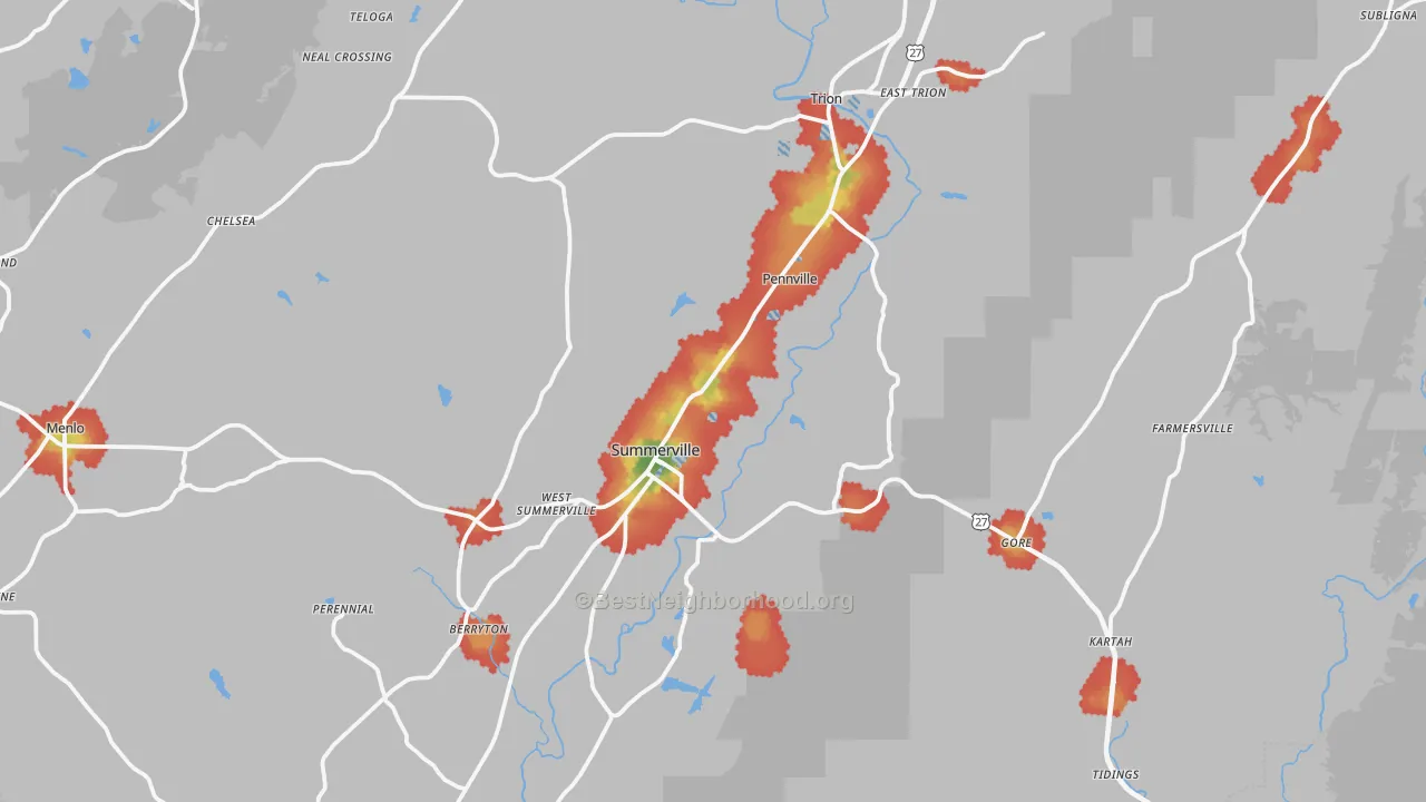 Walk Grade map of 30747, GA, walkable areas in green and car-dependent areas in red