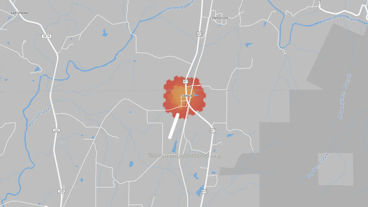 Walk Grade map of 30751, GA, walkable areas in green and car-dependent areas in red