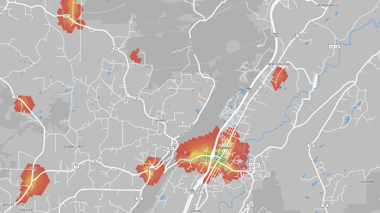 Walk Grade map of 30752, GA, walkable areas in green and car-dependent areas in red