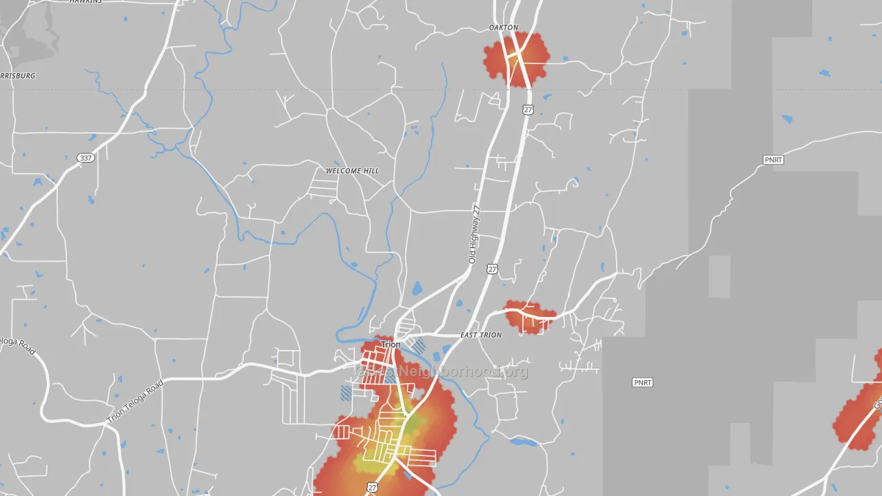 Walk Grade map of 30753, GA, walkable areas in green and car-dependent areas in red