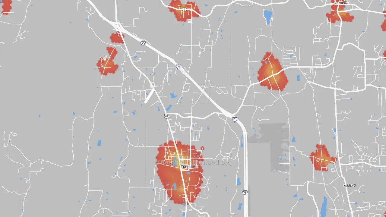 Walk Grade map of 30755, GA, walkable areas in green and car-dependent areas in red